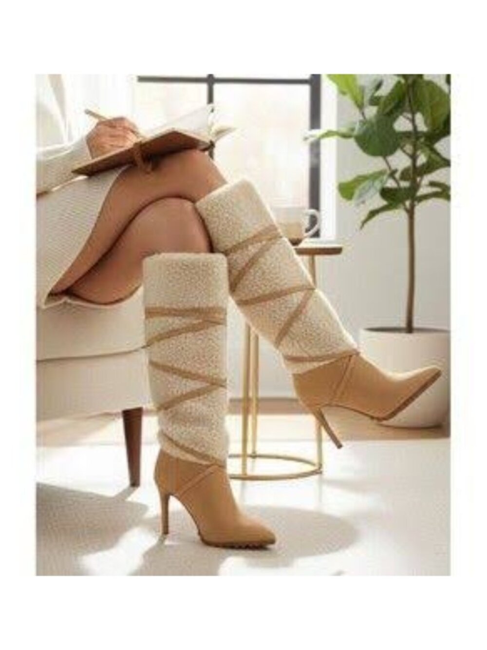 Thalia Sodi Rikka Knee High Heeled Boots Sand Shearling Cozy - Size 8.5M